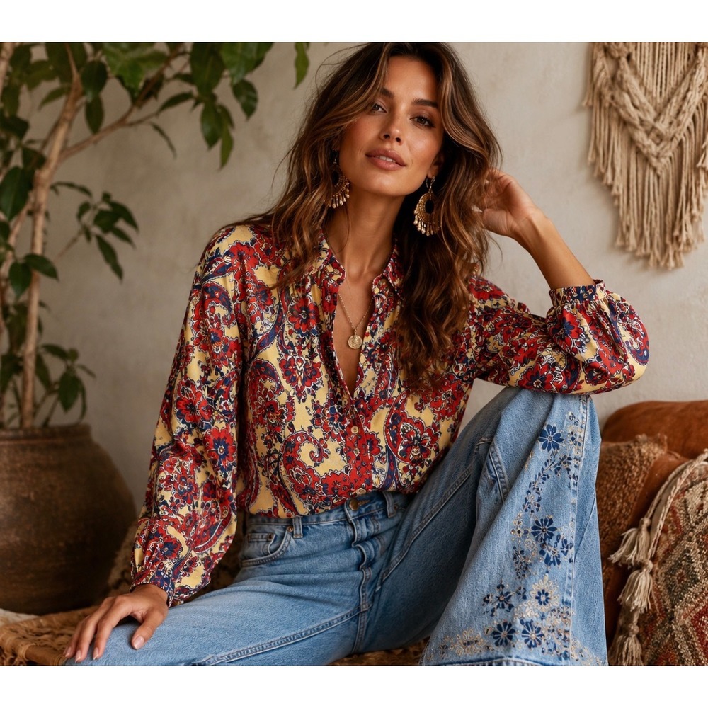 Vintage 80-90's NWT Paisley Floral Blouse Boho Retro Coastal Cowgirl Dead stock